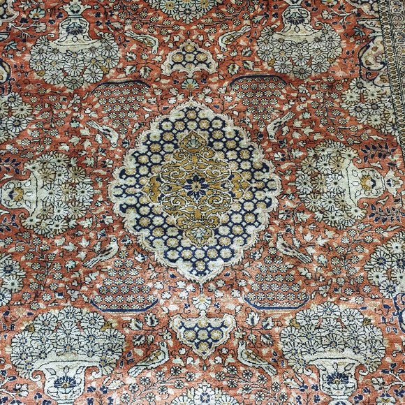 Rare 1945 Semi Antique Persian Qum 483 KPSI Red Khaki Black 5x3 100% Silk Rug - Picture 4 of 6